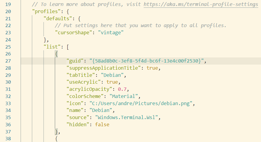setting.json profile Id