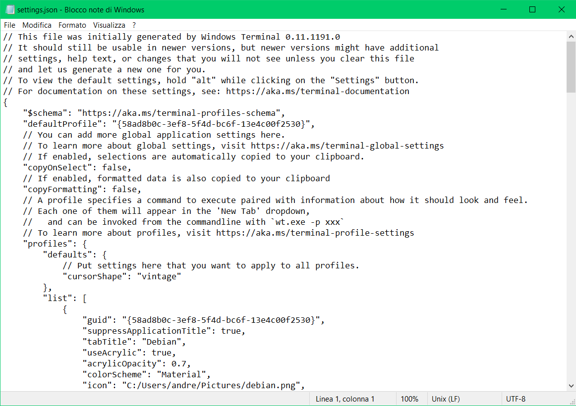 setting.json con blocco note